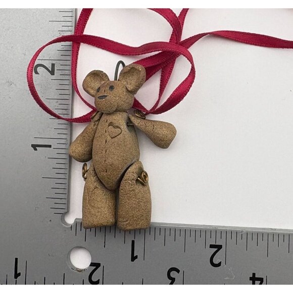Primitive Teddy Bear Christmas Ornament Heart Jointed Legs Arms with Red Ribbon - Picture 3 of 7